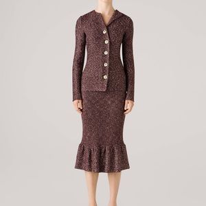 St. John 2021 Felted Tweed Knit Jacket Ruffle Hem Skirt 2-Piece Matching Set